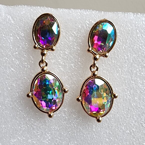 NWOT Etsy Iridescent Crystal Beaded Gold Tone Pierced Drop Dangle Earrings - Picture 2 of 15